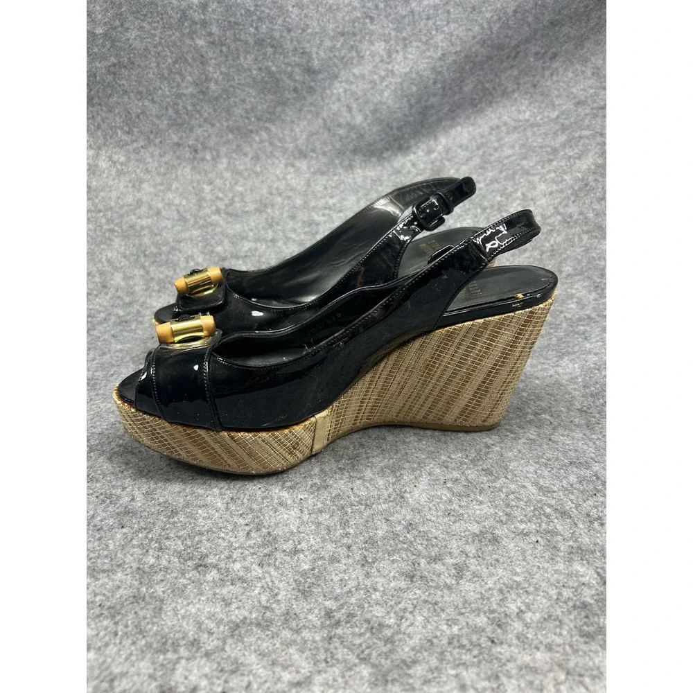 Stuart Weitzman Womens Slingback Wedge 8 Black Patent Leather Bamboo Detail